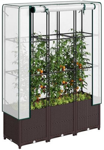 Outsunny Raised Garden Bed with Trellis, Plastic Planter Box with PE Cover, Drainage Holes, Drain Plugs and Water Reservoirs for Climbing Plants, Vegetables, Flowers, 120 x 40 x 140 cm