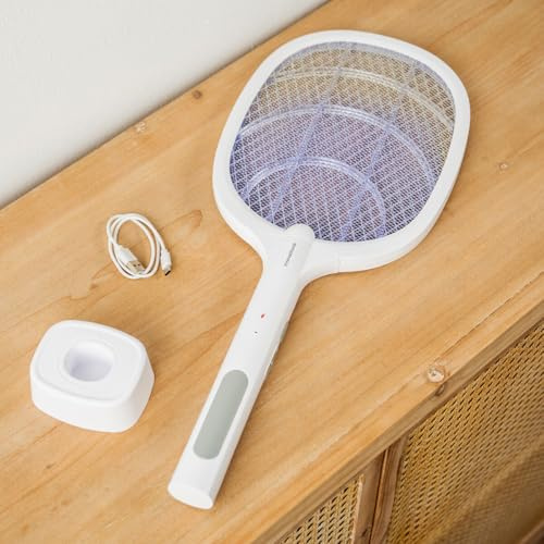 InnovaGoods® 2in1 uppladdningsbart myggdödarracket, LED UV-ljus, 3000V elektrisk myggdödare, manuellt läge och lampa, urladdningsskydd, laddningsstation, USB-C, kemikaliefritt elektriskt racket