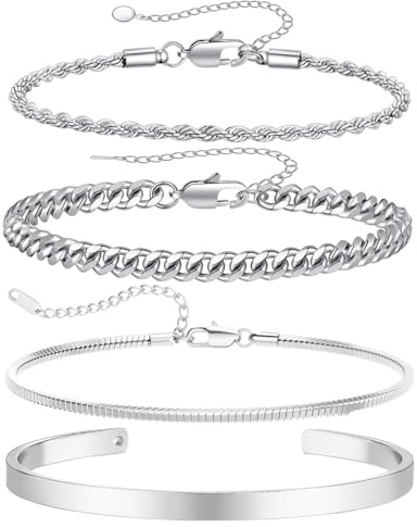 HTTDSLF 4 Piezas Pulsera Plata Hombre Pulsera de Hombre Cadena Acero Inoxidable Pulseras de Cadenas Cubana Regalos de Joyería para Hombres