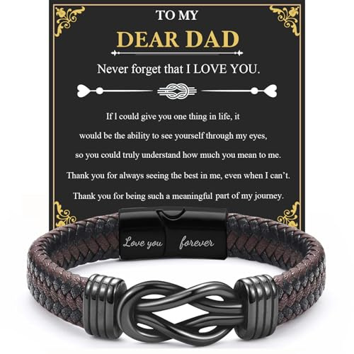 Present for Dad, Engraved Braided Leather Bracelet with Love You Forever from Daughter & Son, Great for Father’s Day, Birthday, Valentine’s Day, Ideal Choice for Stepdad, Mens Stocking Fillers