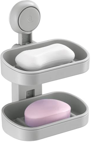 TAILI Suction Soap Dish for Shower, Drill-Free Double Layer Holder, Grey | Max Hold 3KG Shower Sponge Tray for Bathroom, Wall Mounted Removable Bathtub Organizer, Plastic Sink Holder