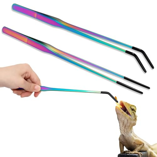 Lasnten 2 Pcs Extra Long Stainless Steel Reptile Feeding Tongs with Rubber Tip 10 Inch, 10.5 Inch Bearded Dragon Aquarium Straight and Curved Long Tweezer Terrarium Feeder Tool for Tank(Colorful)