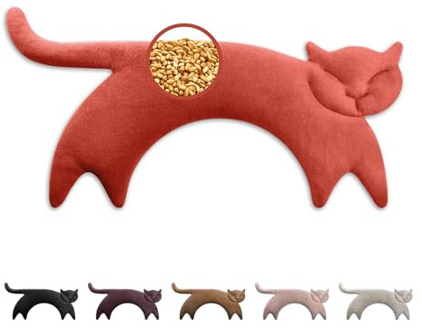 LESCHI Körnerkissen - mikrowellengeeignetes Wärmekissen - gegen Verspannungen an Nacken, Schultern, Hals und Rücken - aus natürlicher Bio Baumwolle & Bio Weizen - Katze Clara, Rot, 47x23 cm
