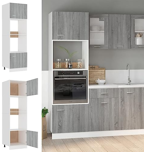 JHQHSM Armadio Microonde Lyon Grigio Sonoma 60x57x207 cm con 4 Ripiani, Mobile Cucina Multifunzionale in Legno Multistrato Resistente all'Umido, Ante Regolabili per Ottimizzazione