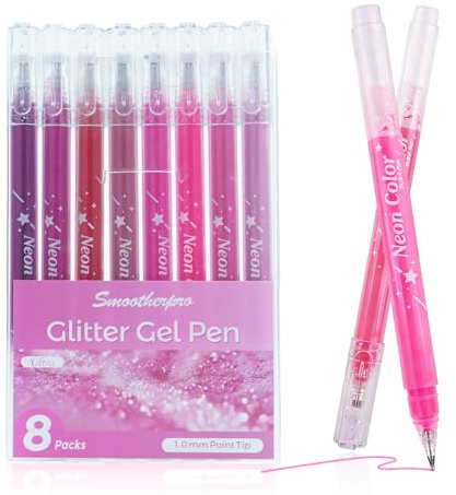 SMOOTHERPRO Metalliska glittergelpennor | Förpackning med 8 | 1,0 mm spets röd glitter glittrande biro | gelpennor för vuxna färgböcker kort journalföring hantverk ritning skrift (GLP008R)| röd serie