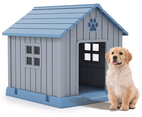 GYMAX Plastic Dog House, Indoor Outdoor Dog Kennel with Air Vents, Detachable roof and Elevated Floor, Waterproof Insulated Puppy Shelter for Small Medium Cats Rabbits Puppies