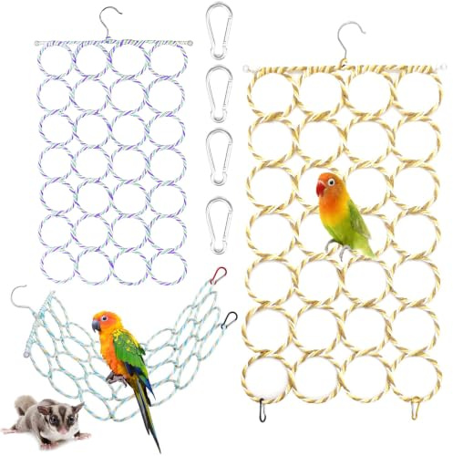Norhogo Lot de 2 jouets d'escalade suspendus pour petits animaux avec 4 mousquetons, filet d'escalade et balançoire pour cages d'oiseaux, rongeurs et reptiles, porte-écharpes et porte-cravates avec 28