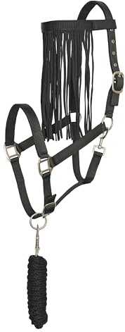 Imperial Riding Juego de Cabestro con Punto de Atar y Flecos – Cabestro de Nailon Resistente con Hebilla, Cierre de y Gancho a presión, cómodo y fácil de Limpiar, Color Negro