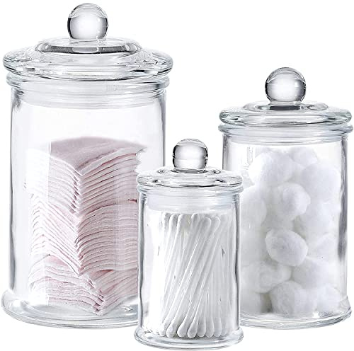 Glass Apothecary Jars with Lids - Set of 3 - Small Glass Jars for Bathroom Storage / Qtip Holder / Cotton Swab Holder - Glass Jar with Lid for Laundry