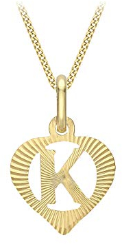 CARISSIMA Women's 9ct Yellow Gold Diamond Cut 'K' Initial Heart Pendant on Curb Chain - 46cm/18