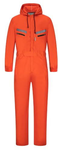 Yukirtiq Herr arbetskläder huva panndräkt overall med flera fickor, slitstark polycotton overallbyxor mekanik panndräkt med reflekterande tejp, Orange, XL