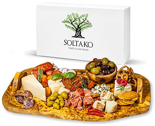 SOLTAKO Planche Apéro Bois d´Olivier, Plateau de Fromage Artisanal, Planche charcuterie ou Petit-déjeuner, Planche de Fromage avec Manche, Plateau de Service en Bois, Planche de Fromage (40cm)