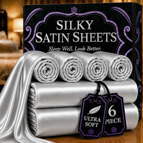 DECOLURE Satin Bed Sheets - 6 Piece Luxury Silky Queen Size Bedding Set - Softer Than Silk, Wrinkle-Free with 15” Deep Pocket Fitted Sheet, Perfect for Hair & Skin, Gifts for Women (Grey)