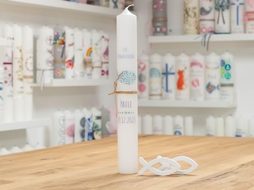 meinkerzenshop Kommunionkerze mit Designdruck Pauli personalisiert mit Name und Datum, individuell für Junge und Mädchen