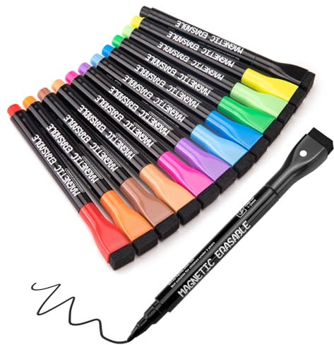 JEFURE Whiteboard Marker 12 Stück, 12 Farbe Whiteboard Stifte Magnetisch, Bunte Folienstift Abwischbar mit radierer, Abwischbare Stifte mit feiner Spitze für Zuhause, Schule, Büro
