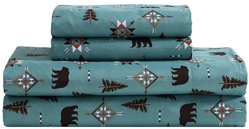 Beatrice hemmode mysig stuga 4-delad sängkläder i full mikrofiber, set med djupa fickor, rustikt lapptäcke rutigt rådjur, vildmark björnar