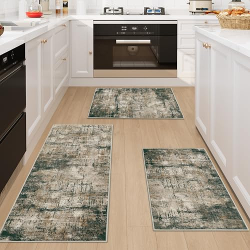Famibay Juego de 3 Alfombra Cocina Lavable Antideslizante Alfombras de Cocina Gris Marrón Moderno Tapete para Entrada Interior Pasillo 50x120cm + 50x80cm + 50x80cm
