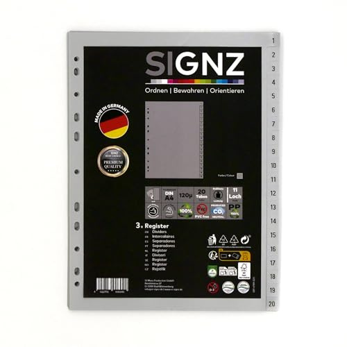 Signz register DIN A4, 20 stycken (1–20), 3 stycken, extra starka skiljeblad av plast (PP), CO2-neutralt tillverkade, tillverkade i Tyskland