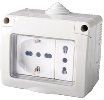 Cassetta Elettrica IP55 Con Sportellino, 3 Moduli Presa Schuko P40 + Presa Bipasso 10/16A, Kit Scatola Elettrica Pronta, Montaggio Da Muro Parete Esterno