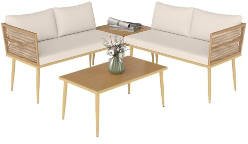 Outsunny Set di Mobili da Giardino in Rattan 4 Pezzi, Salotto da Esterno con 2 Divano a 2 Posti, 2 Tavoli da Caffè e Cuscini Lavabili, Struttura in Acciaio, Anti UV, Naturale e Crema