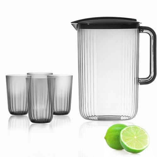 2L Plastic Jug with Lid, Plastic Pitcher with Cups Set of 4, Water Jug with Vented Spout, Drinking Jugs for Hot/Cold Water Ice Tea Coffee Milk & Juice Beverage Cocktail for BBQ's, Parties, Camping