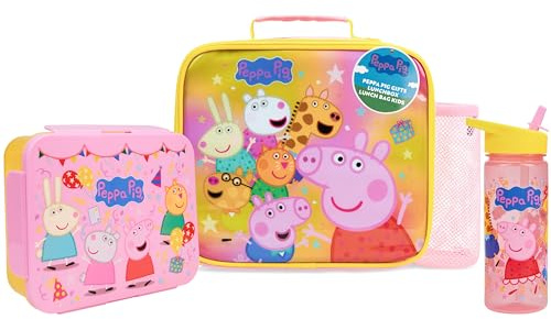 Get Trend Peppa Pig Water Bottle Lunch Bag & Lunch Box for Kids 3 Pcs Set School Supplies Snack Box BPA Free Leakproof for Travel Picnic Holiday (Multi Peppa Pig)
