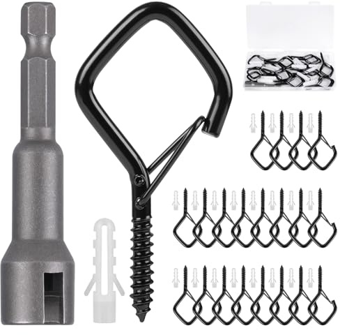 RELBRO Q Hanger Hooks, 2.2 Inch Metal Screw Hooks with Safety Buckle, Heavy Duty, Weatherproof, Black, 20 Pcs