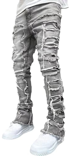 Slim Fit jeansbyxor för män staplade slitna jeans med raka ben Stretch Distressed Skinny Patchwork byxor