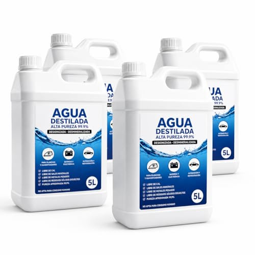 CABLEPELADO Agua Destilada | Alta Pureza 99.9% Pack 4 Uds | Ideal para Baterías, Sistemas de Refrigeración y Aparatos Eléctricos | 5L x 4 uds | Desionizada y Desmineralizada