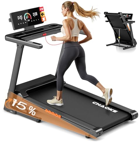 Treadmill, CHAOKE Treadmills for Home Foldable with 15% Automatic Incline, 3.0 HP Quiet Walking Pad, 16 km/h Running Machine, LED Touch Screen & Pulse Sensor, Diverse App, 400LBS Capacity