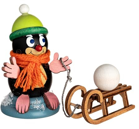Kuhnert dekoration/träfigur, mullvaden Lisa – med släde – handgjord liten dekorativ figur – storlek: ca 6 cm – Resultatirgisk träkonst – tillverkad i Tyskland