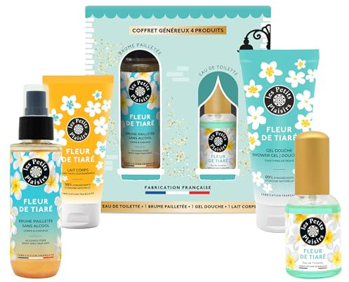 Coffret Cadeau Les Petits Plaisirs – Le Village des Senteurs Fleur de Tiaré – Eau de toilette 30ml, Brume pailletée, Gel douche & Lait corps – Fabriqué en France