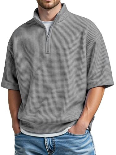 CEWIFO Camicia Uomo Waffle Maglia Maniche Corte Colletto Elegante Casual Traspirante Comoda Tessuto qualità Camicie Taglie Forti Vintage Estive Quarter Zip Pullover