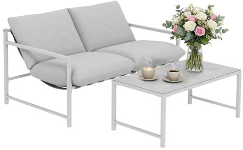 Outsunny Salon de Jardin Extérieur 2 Pièces, Canapé 2 Places, Gris Clair | 2 Coussins, Table Basse Verre Trempé Marbré 3D, Mobilier de Jardin Terrasse Balcon Jardin, Acier