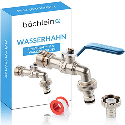 Bächlein Universal Wasserhahn für den Garten [blau] inkl. 2 Schlauchanschlüssen - edler Kugelhahn mit 1/2 Zoll Anschluss und 3/4 Zoll Adapter, Auslaufhahn aussen