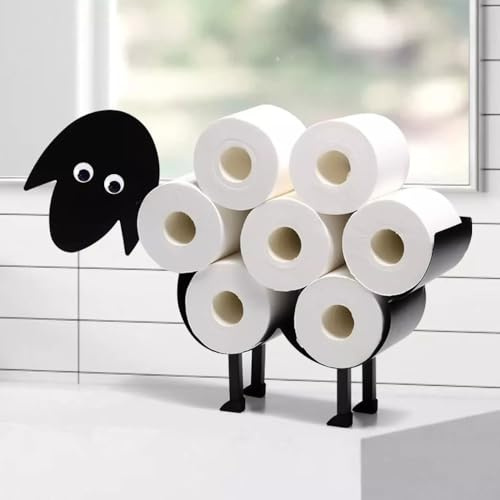 HomeZone Novelty Sheep Toilet Roll Holder - Wooden Free Standing Black Painted Metal Animal Shape Tissue Holder - Decorative Kitchen or Bathroom Accessories Indoor, Home Decor Storage Loo Roll Holder
