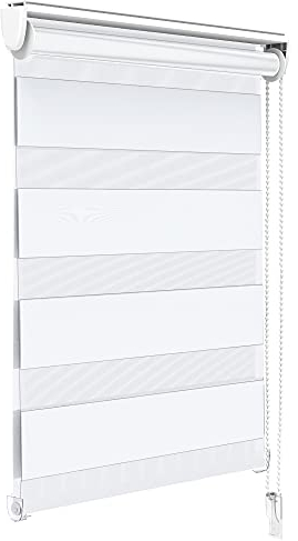 VOUNOT Day and Night Zebra Roller Blind with Clips 50 x 150 cm, Double Fabric Translucent or Blackout Vision Curtains for Window and Door, No Drilling, White