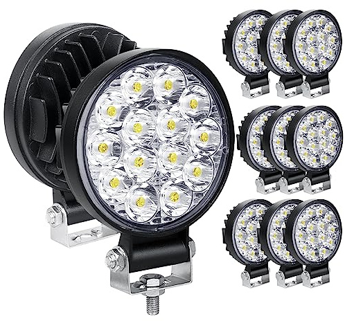 RIGODON 10 st runda mini ultratunna LED-arbetslampor, 3,2 tum 42W spotlight, 12V 24V utomhuskörningslampa för bil, terräng, båt, lastbil, 4x4, SUV, ATV, traktorer, grävmaskin, 6000K vit, dimljus