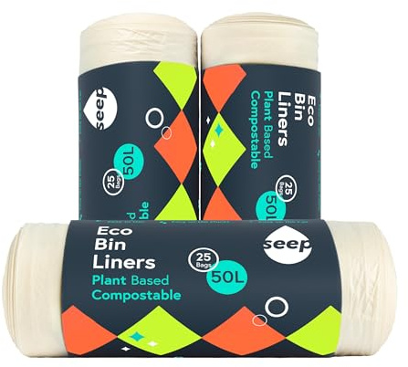 SEEP Bolsas de Basura Compostables Ecológicas de 50 L - Bolsas Compostables de 50L - Bolsas de Basura de Alta Resistencia - Bolsas Transparentes de Reciclaje - 3 Rollos - 75 Bolsas