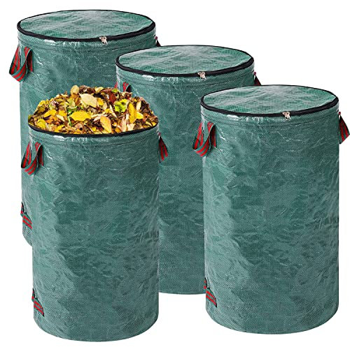 QOXEZY Gartensack Set mit Deckel 4pcs 120L Gartenabfallsack Gartensäcke für Grünabfall Zusammenklappbarer mit Griffen Wiederverwendbar Laubsack Selbstaufstellend aus robustem Polypropylen-Gewebe