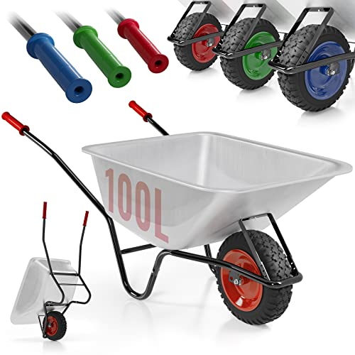 TIMBERTECH® Carretilla de Jardín - de Acero Galvanizado, con Rueda de Goma, Batidor Extensible, Manijas de Plástico, Capacidad de Carga 100 l / 210 kg, Rojo - Carro de Mano, Jardinería, Obra