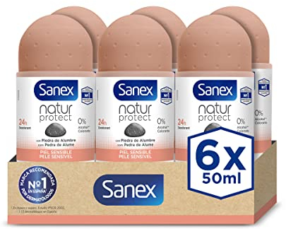 Sanex Natur Protect Desodorante Roll-On, Pack 6 uds x 50ml, Protección 24H contra el Mal Olor, con Piedra de Alumbre, 0% Alcohol, Sin Alérgenos ni Colorantes, Piel Sensible