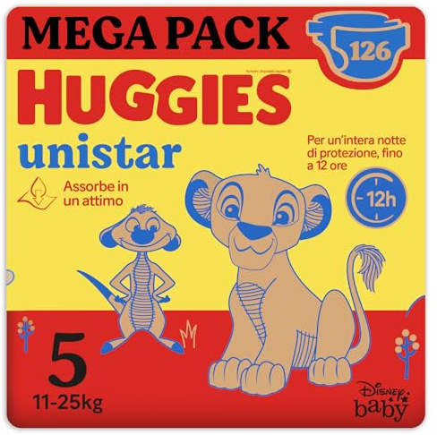 Huggies Unistar, Pannolini Taglia 5 (11-25 Kg), Design Disney, Protezione completa, 126 Pz
