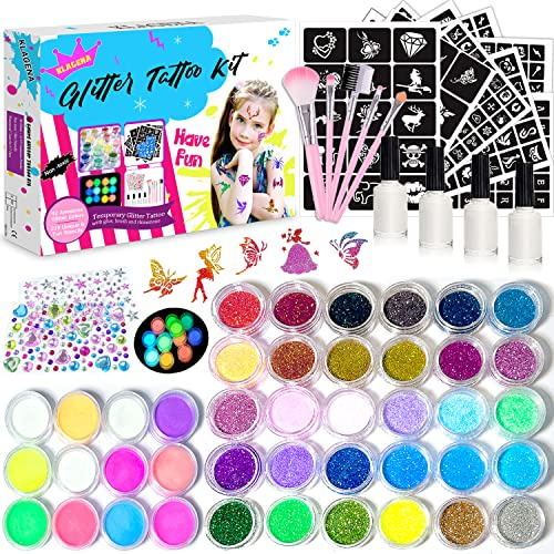 Kit Tatouage Paillettes Enfant Filles, 42 Couleurs (Comprend 12pcs Paillettes Lumineuses) mit 219 Pochoirs 213 Strass-Non-toxique Glitter Tatoo Kit Cadeau Fille pour Anniversaire Carnaval Fête