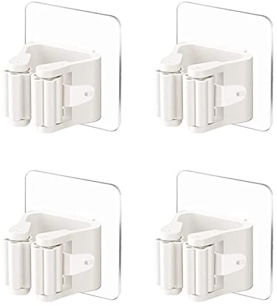 Rifrpha 4Pcs Self Adhesive Mop Holder Broom Holder Wall Mounted White Mop And Broom Holder No Drill Wall Mounted Organizer Clip Wall Mount Broom Clips Broom Clips Without Drilling for Kitchen bathroom