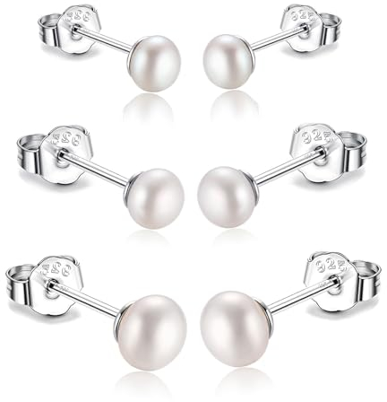 3er Perlenohrringe Silber 925 Weiße Perlenohrstecker Echte Perlen Süßwasserperlen Ohrringe Stecker Süßwasser-zuchtperlen Ohrringe 3 Paar Set 3mm 4mm 5mm