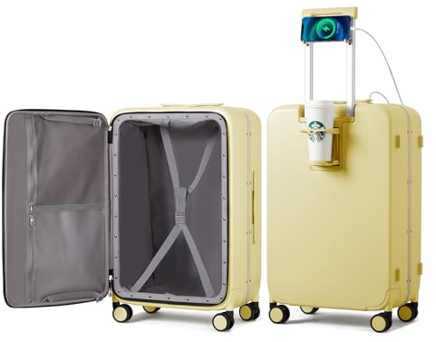 mixi Checked Luggage with Cup Phone Holder and Charger Hard Shell Suitcases with Spinner Wheels, 24 Inch Lark Yellow