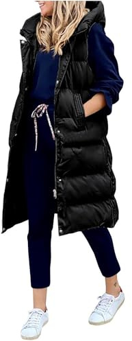 Tinetill Gilet Lungo con Cappuccio Donna Senza Maniche - Piumino Trapuntato Caldo Con Tasche - Giacca Da Esterno Con Cerniera