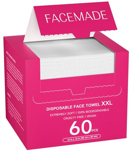 FACEMADE 60 Count XXL Disposable Face Towels 12 × 12, 100% Biobased Face Towels Disposable, Clean Facial Towels for Makeup and Clean Skin, Super Soft and Thick Dry Wipes Club