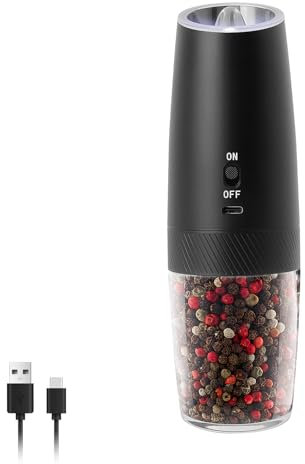 ELMWAY Gravity Rechargeable Salt and Pepper Grinder by ELMWAY – Automatic Electric Salt & Pepper Mill with Adjustable Coarseness, One-Hand Operation, LED Light & Safety Switch – Black (Single)